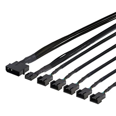 Deltaco PWM-tuulettimien jakaja, 4-pin uros + Molex naaras -> 5x 4-pin naaras, musta
