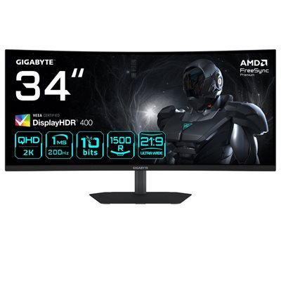 Gigabyte 34" G34WQC2, 200Hz kaareva WQHD-pelimonitori, musta