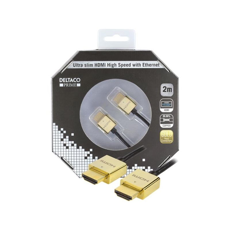 Deltaco 2.0 HDMI -näyttökaapeli, ohut, 2m, musta