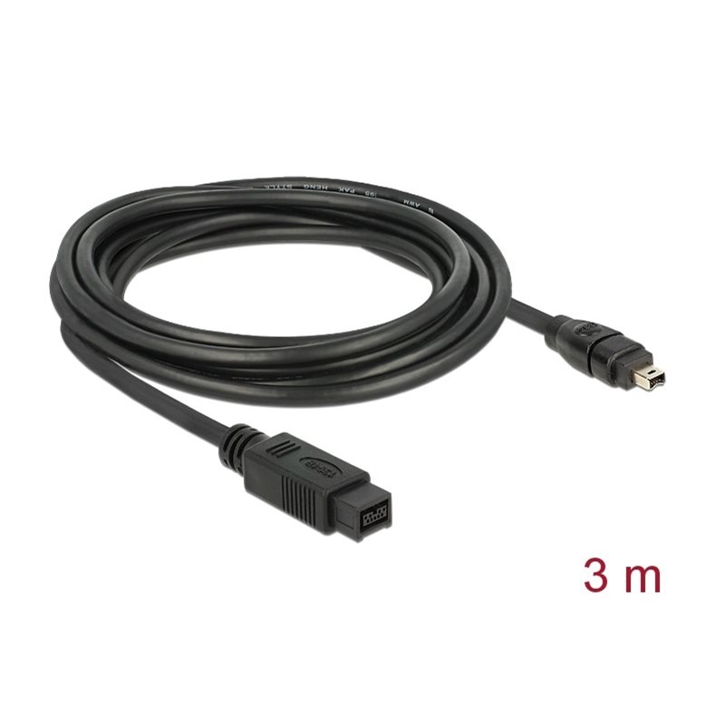 DeLock FireWire 9-pin -> 4-pin -kaapeli, 3m, musta - Kuva 2