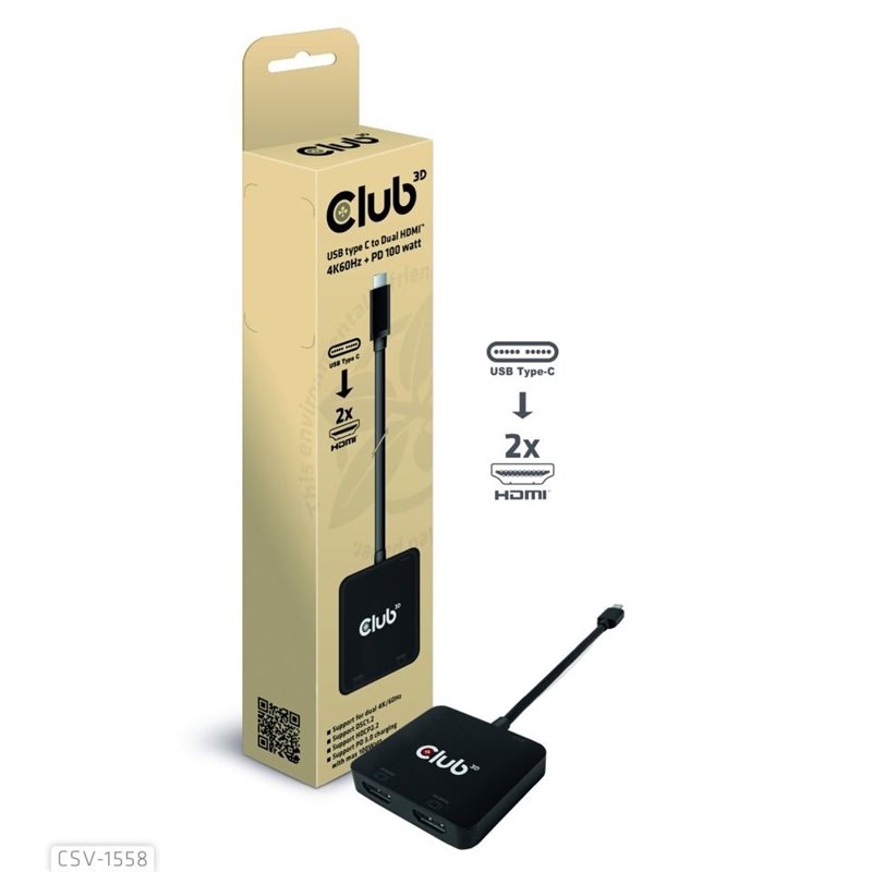 Club 3D USB-C -> 2x HDMI 4K60Hz + PD3.0 100W -adapteri, musta