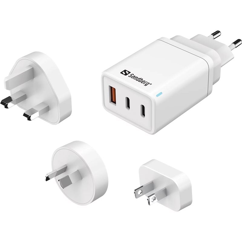 Sandberg 65W USB-matka-adapteri, 2x USB-C PD3.0, USB-A QC3.0, valkoinen