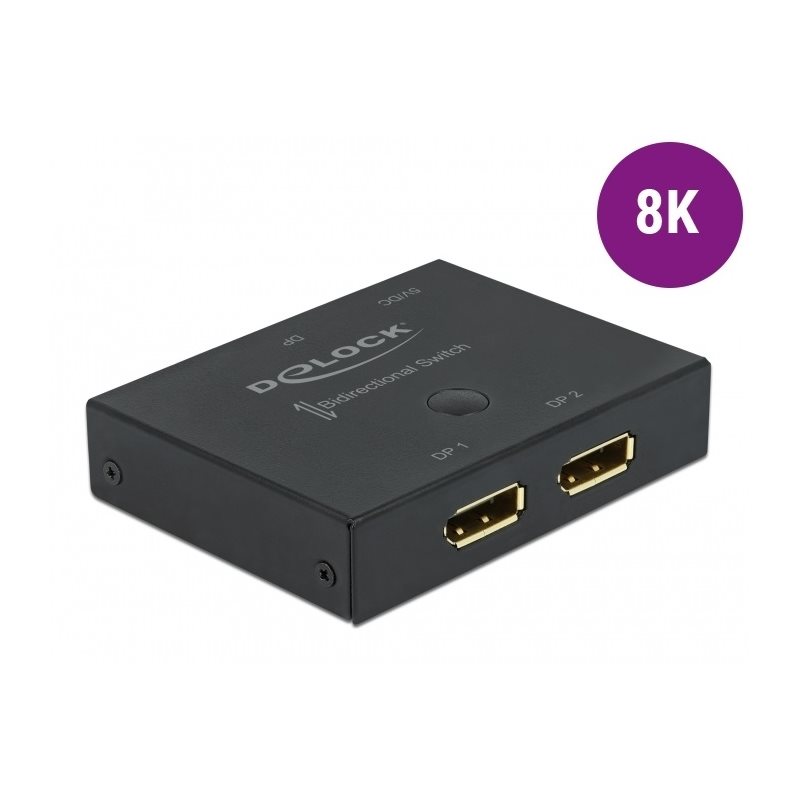 DeLock DisplayPort 2 - 1 Switch, kaksisuuntainen kytkin, 8K 30Hz, musta