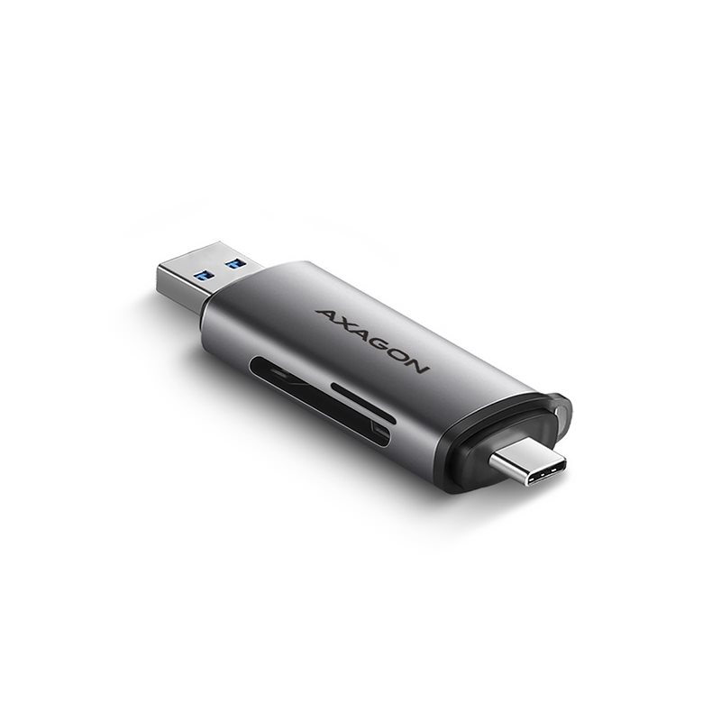 AXAGON Muistikortinlukija SD/microSD/MMC/TF, USB-C + USB-A, USB 3.2 Gen 1, 2-paikkainen, hopea