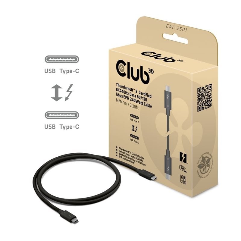 Club 3D Thunderbolt 5 USB-C -kaapeli, 80Gbps, PD240W, 4K540Hz, 1m, musta