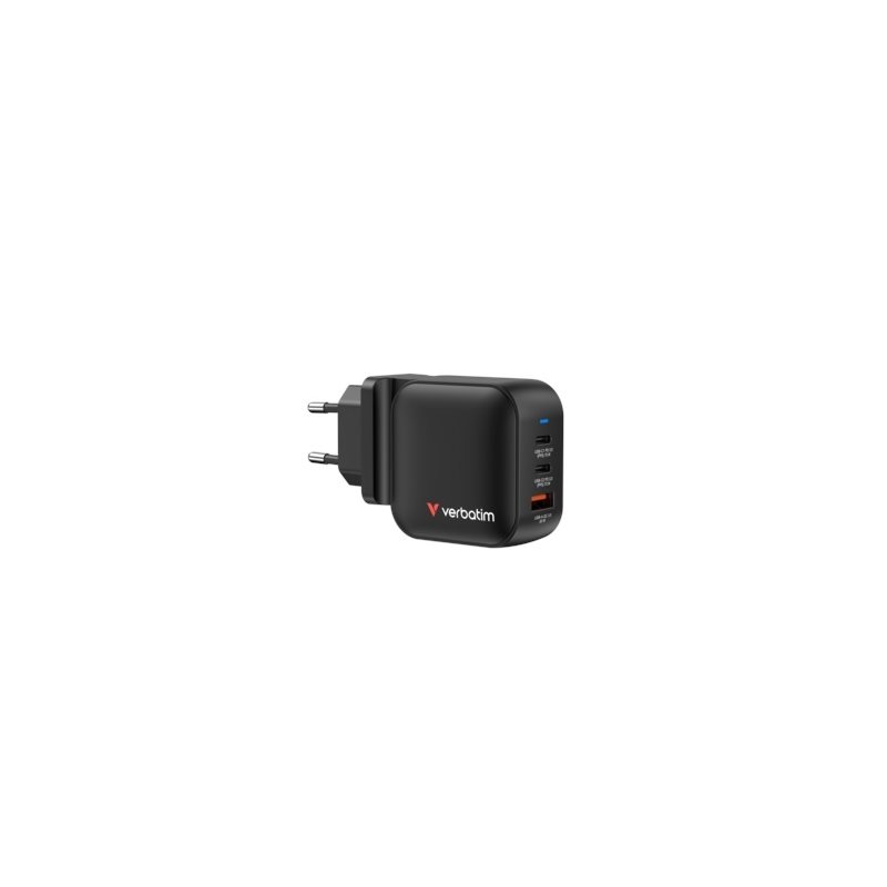 Verbatim 70W GaN-verkkovirtalaturi, 2x USB-C PD 70W, 1x USB-A QC3 30W, musta