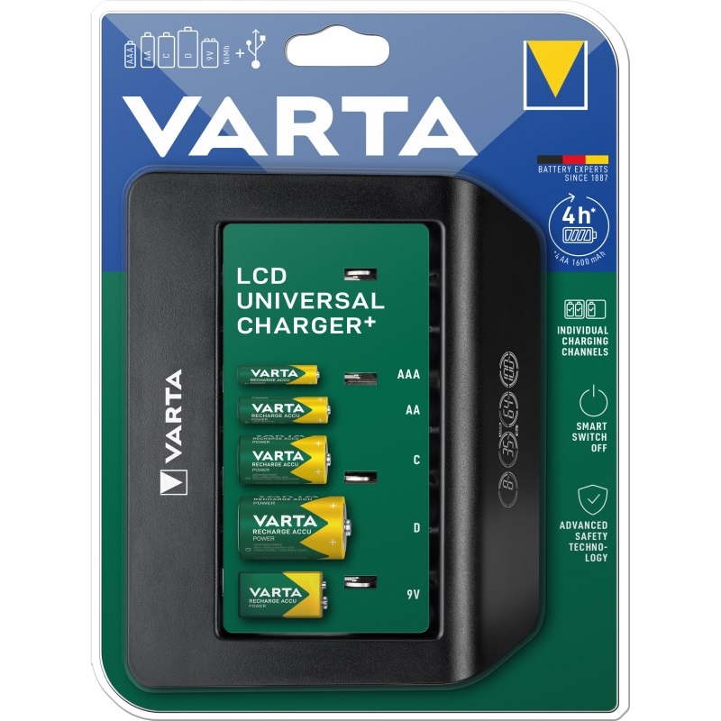 Varta LCD Universal Charger+ -laturi, AA/AAA/C/D, 1x9V /USB (Poistotuote! Norm. 41,90€)