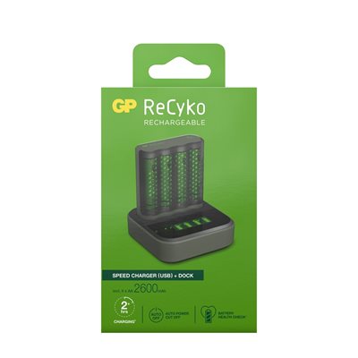 GP ReCyko AA/AAA-pika-akkulaturi (Speed Charger), lataustelakka ja 4xAA 2600mAh akut