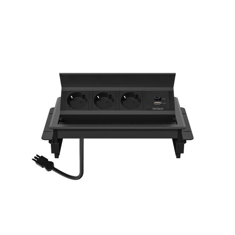 Deltaco Virtapaneeli pöytäupotukseen kannella, 3x Schuko + USB-A/C, GST18-liitännällä, musta
