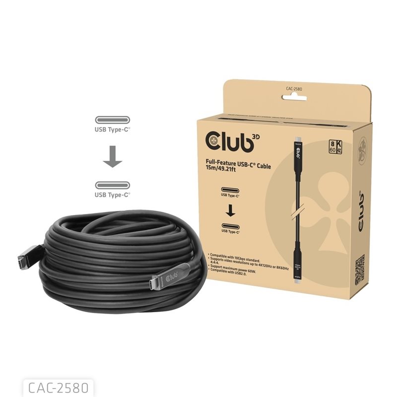Club 3D 3.2 Gen2 USB-C -kaapeli, aktiivinen, optinen, yksisuuntainen, 15m, musta