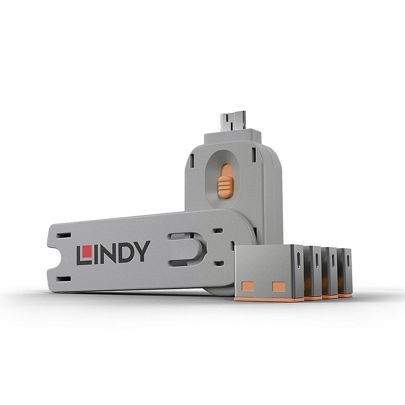 Lindy USB-A Port Blocker, 4kpl + avain, oranssi/harmaa