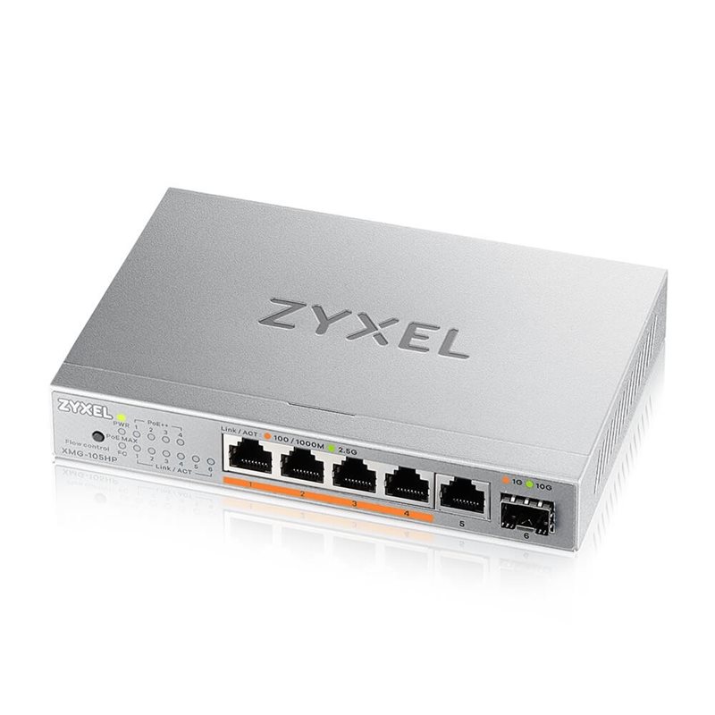 ZyXEL XMG-105HP, 5-porttinen 2.5G PoE++ -verkkokytkin, 10G SFP+ uplink, hallitsematon
