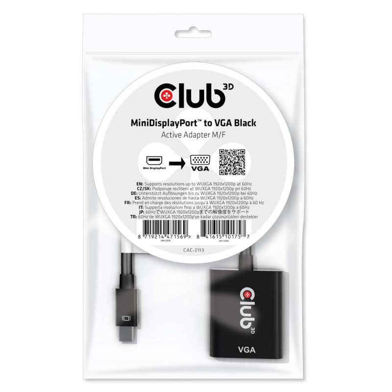 Club 3D MiniDisplayPort to VGA, aktiivinen sovitin, uros/naaras, musta (Poistotuote! Norm. 22€)