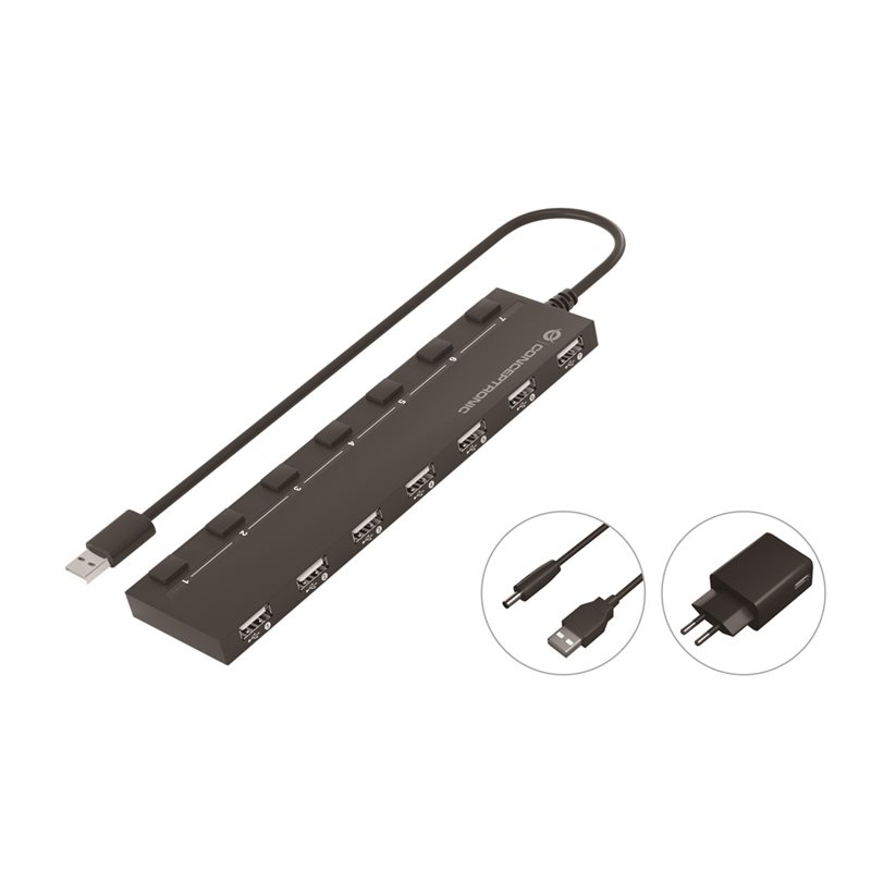 Conceptronic HUBBIES08BP, 7-porttinen USB 2.0 -hubi, musta