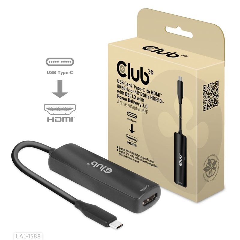 Club 3D 3.2 Gen2 USB-C -> HDMI + USB-C PD3.0 -adapteri, musta