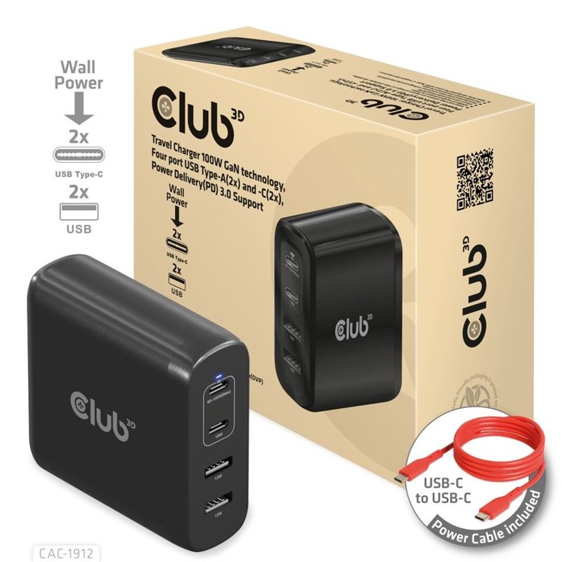 Club 3D 100W GaN-verkkovirtalaturi, 2x USB-C PD3 + 2x USB-A, musta