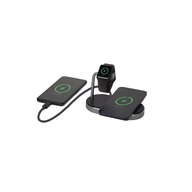 Verbatim 44W Qi 3-in-1 langaton latausteline, Apple iPhone & Watch + USB-A QC3, hopea/musta