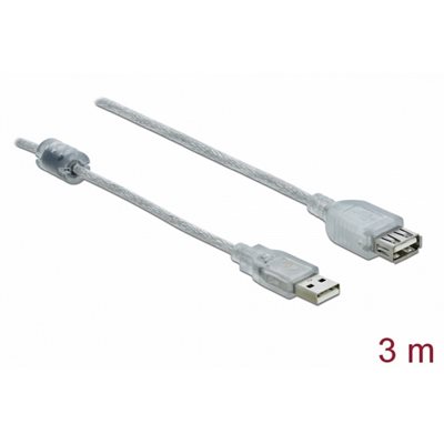 DeLock 2.0 USB-A -jatkokaapeli, uros-naaras, 3m, läpinäkyvä