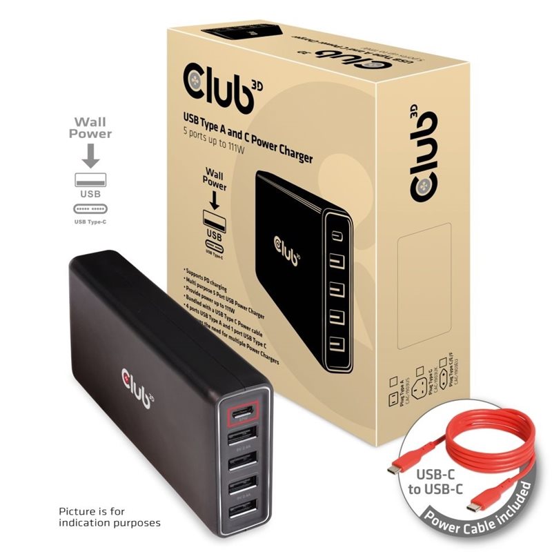 Club 3D 111W verkkovirtalaturi, USB-C + 4x USB-A, musta