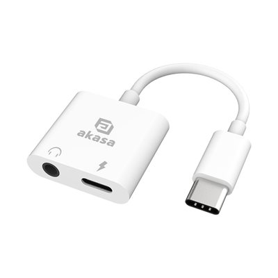 Akasa USB-C -> 3.5mm & PD 15W USB-C-lataus -adapteri, valkoinen