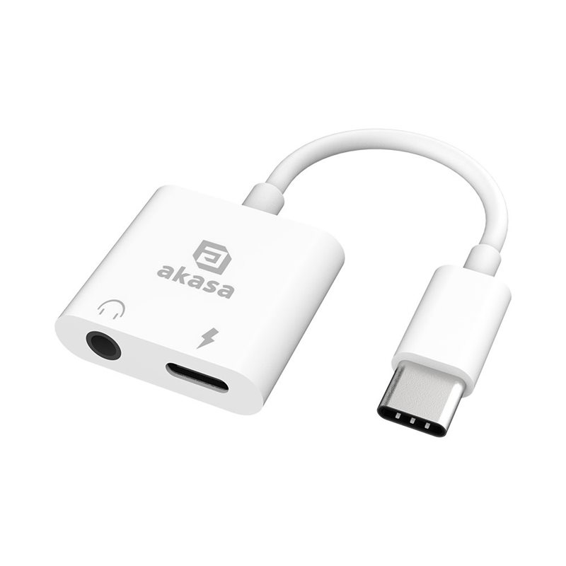 Akasa USB Type-C -> 3.5mm & PD 15W USB-C-lataus -adapteri, valkoinen