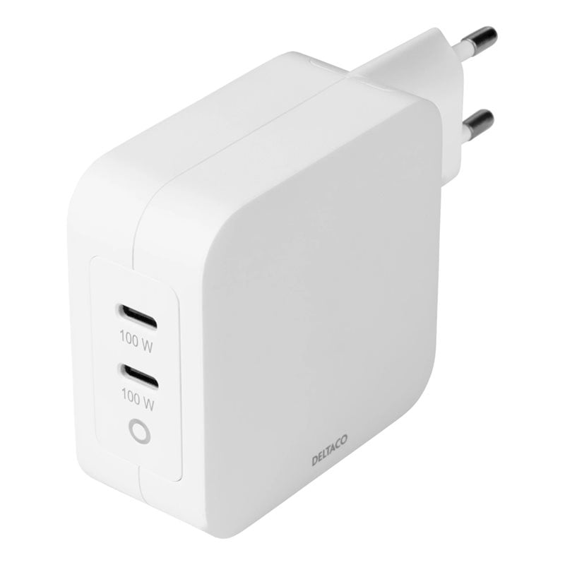 Deltaco 100W GaN-verkkovirtalaturi, 2x USB-C PD, valkoinen