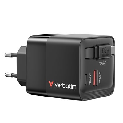 Verbatim 65W GaN-verkkovirtalaturi, 2x USB-C PD 65W, 1x USB-A QC3 60W, musta