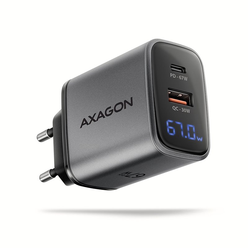 AXAGON 67W verkkovirtalaturi näytöllä, USB-C + USB-A, PD3.0/QC3, harmaa