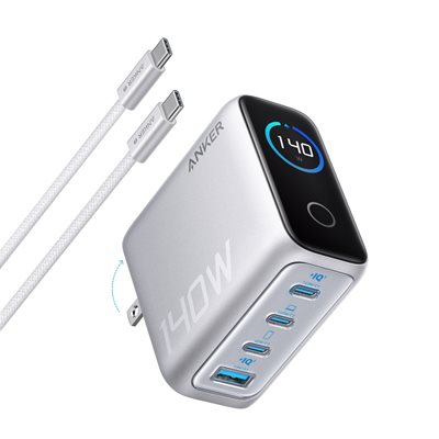 Anker 140W Laptop Charger, GaN-verkkovirtalaturi, 3x USB-C, USB-A, hopea