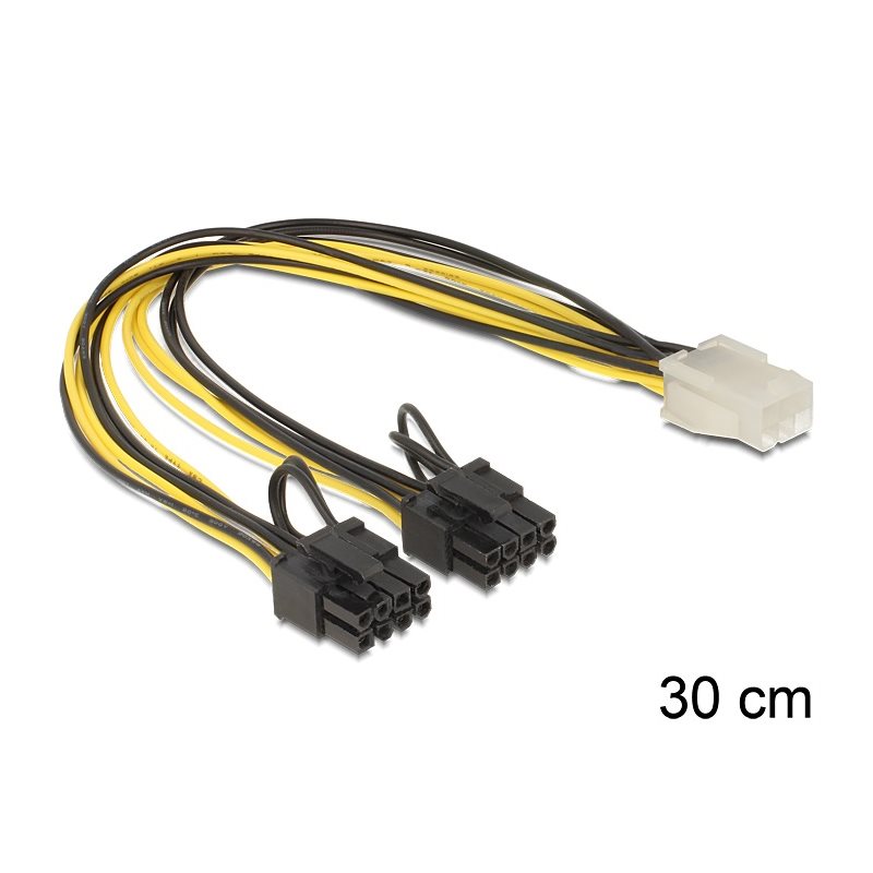 DeLock PCI Express power cable 6-pin female -> 2 x 8-pin male -adapterikaapeli, 30cm, musta/keltainen