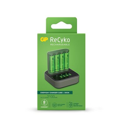 GP ReCyko Everyday AA/AAA-akkulaturi, lataustelakka ja 4xAA 2100mAh akut