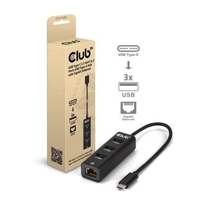 Club 3D 4-porttinen 3.2 Gen1 USB-C -hubi, Gigabit RJ-45, musta