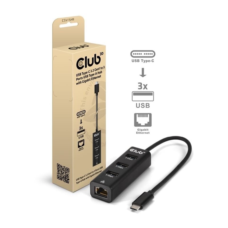 Club 3D 3.2 Gen1 USB-C -> 5Gbps 3x USB-A hubi, musta