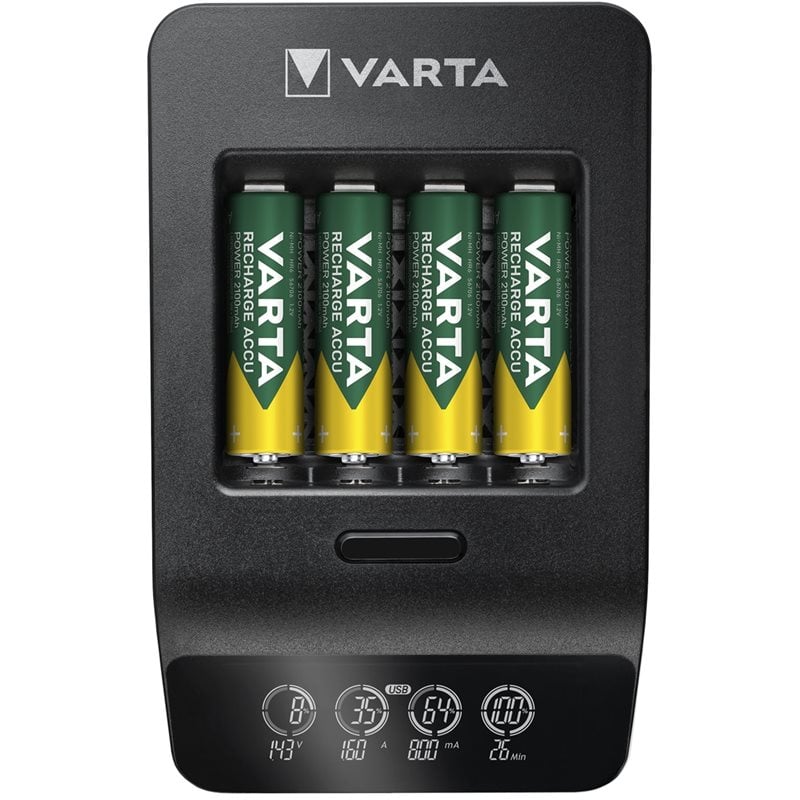 Varta LCD Smart Charger+ -akkulaturi + 4x AA/LR06 2100mAh akkuparistot, musta