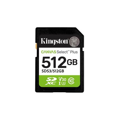 Kingston 512GB Canvas Select Plus, SDXC -muistikortti, UHS-I V30 U3, 150 MB/s
