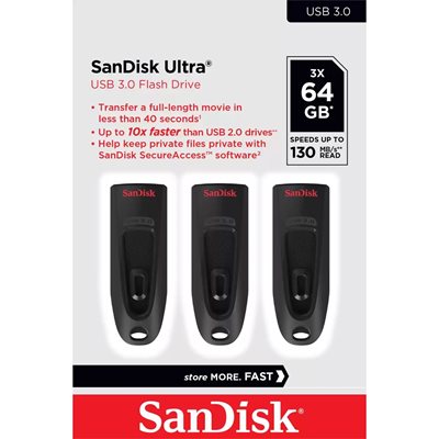 Sandisk 64GB Ultra, 3.2 Gen1 USB-A -muistitikku, jopa 40/130 MB/s, musta, 3kpl