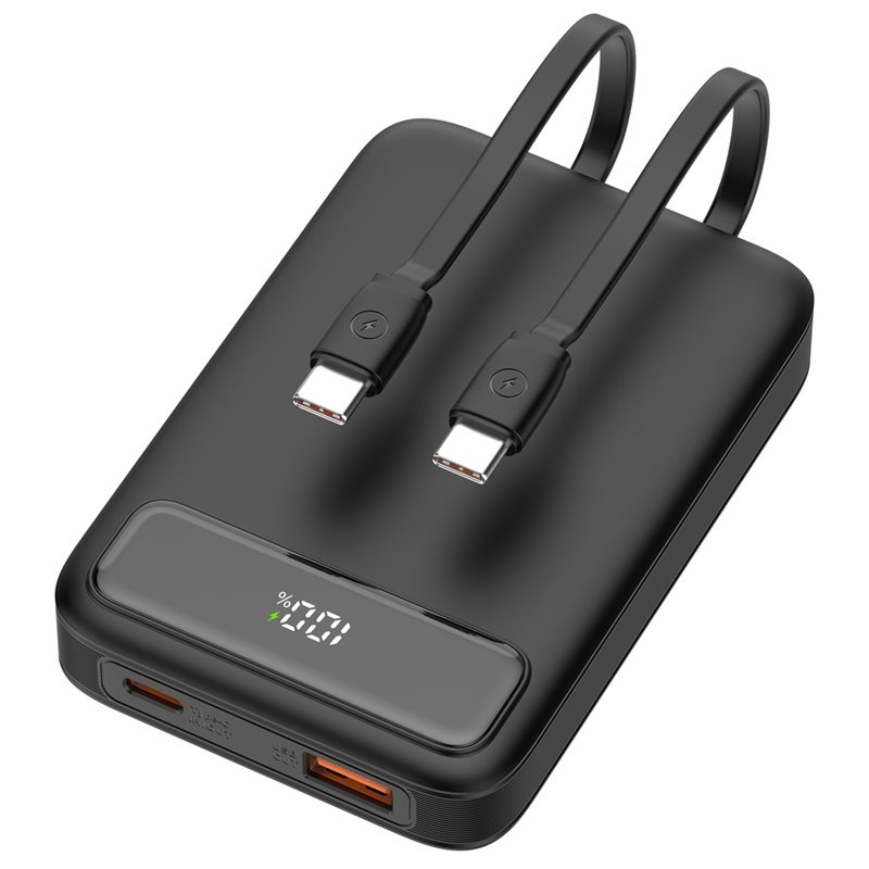 Deltaco 10000 mAh varavirtalähde, 2x kiinteä USB-C-kaapeli + USB-A 22,5W + USB-C PD 20W, musta