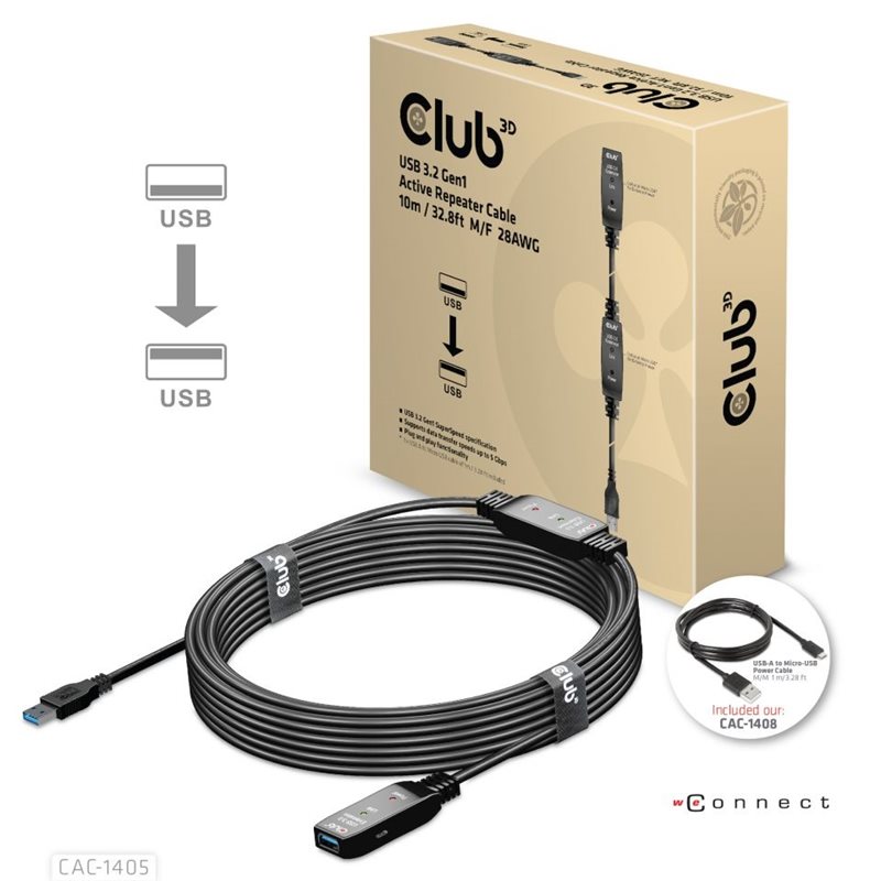 Club 3D 3.2 Gen1 USB-A -jatkokaapeli, aktiivinen uros-naaras, 10m, musta