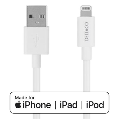 Deltaco Lightning - USB-A -kaapeli, MFI, 2m, valkoinen