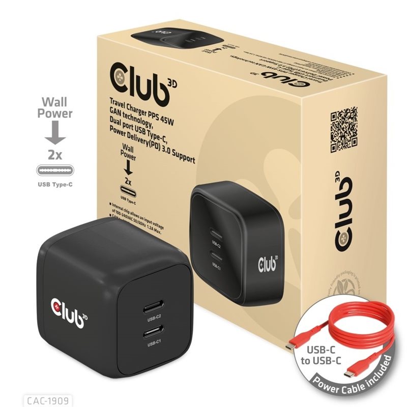 Club 3D 45W GaN-verkkovirtalaturi, 2x USB-C PD3.0, musta