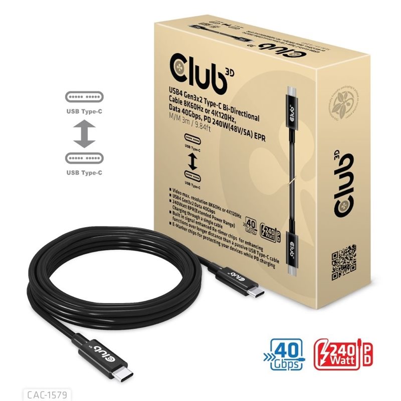 Club 3D USB4-C Gen3x2 -kaapeli, 40Gbps, PD3.1 5A 240W, 3m, musta