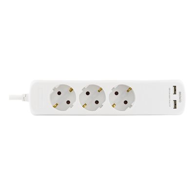 Deltaco Maadoitettu jatkojohto, 3x Schuko + 2x USB-A, 1,5m, valkoinen