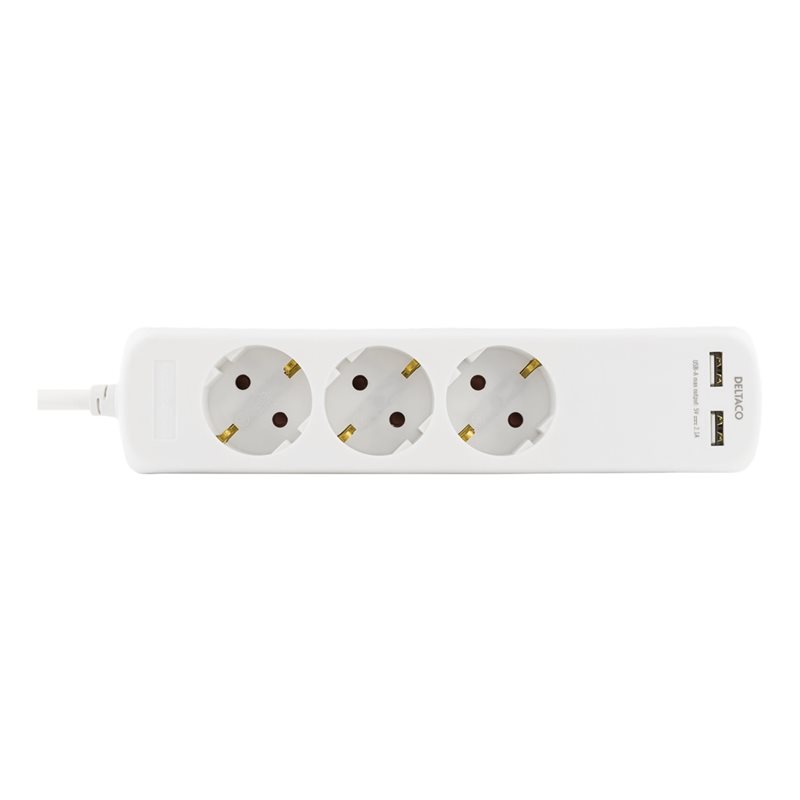 Deltaco Maadoitettu jatkojohto, 3x Schuko + 2x USB-A, 1,5m, valkoinen