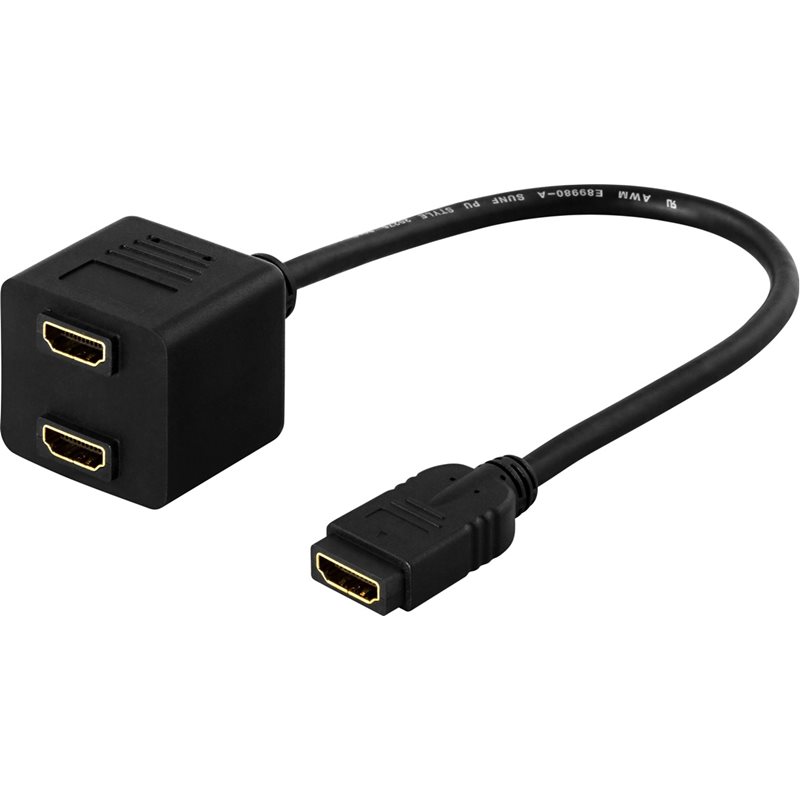 Deltaco HDMI-jakaja 1 -> 2x, HDMI naaras > 2x HDMI naaras, 0,1m, musta