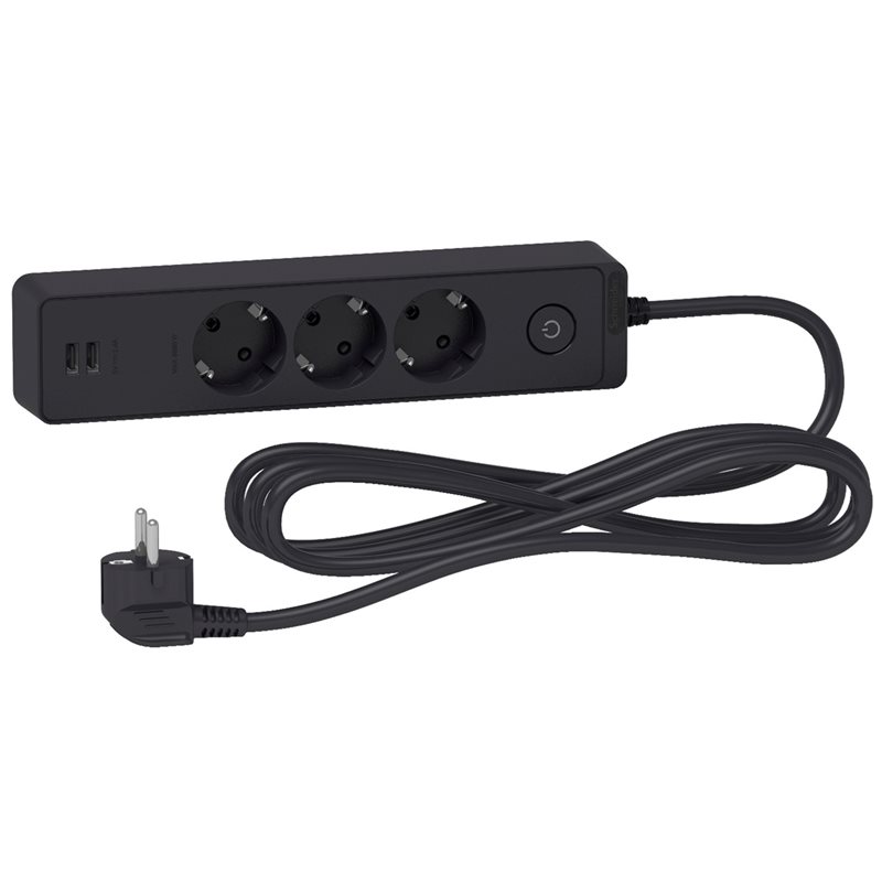 Schneider Electric Unica System+ jatkojohto, 3x schuko + 2x USB, 3m, musta