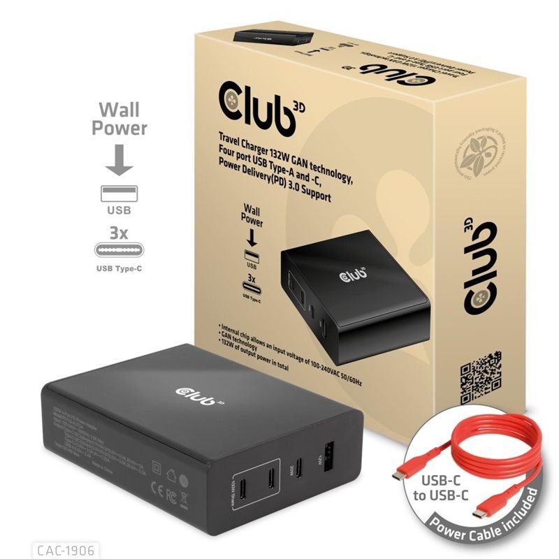Club 3D 132W GaN-verkkovirtalaturi, 3x USB-C + USB-A, PD3.0, musta