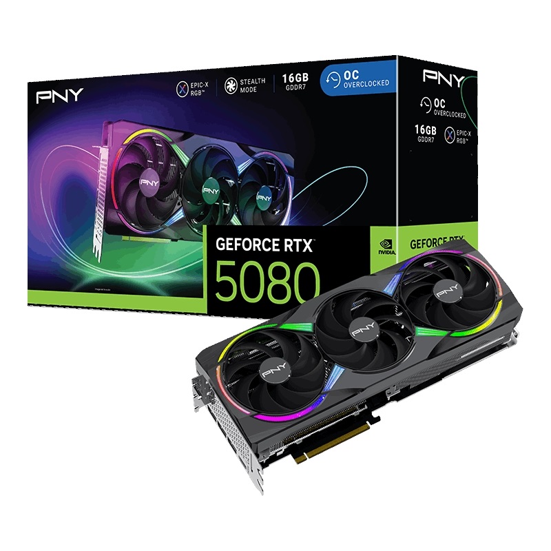 PNY GeForce RTX 5080 ARGB EPIC-X RGB OC Triple Fan -näytönohjain, 16GB GDDR7