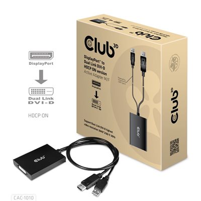 Club 3D DisplayPort 1.2a -> Dual Link DVI-D -adapteri, HDCP päällä, aktiivinen, 60cm, musta