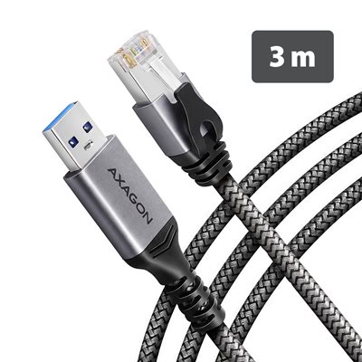 AXAGON USB-A -> RJ-45 Gigabit Ethernet -kaapeli, Cat6, 3m, harmaa