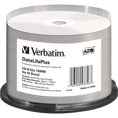 Verbatim DataLifePlus CD-R 700MB/80min, 52x, thermal printable, spindle, 50kpl
